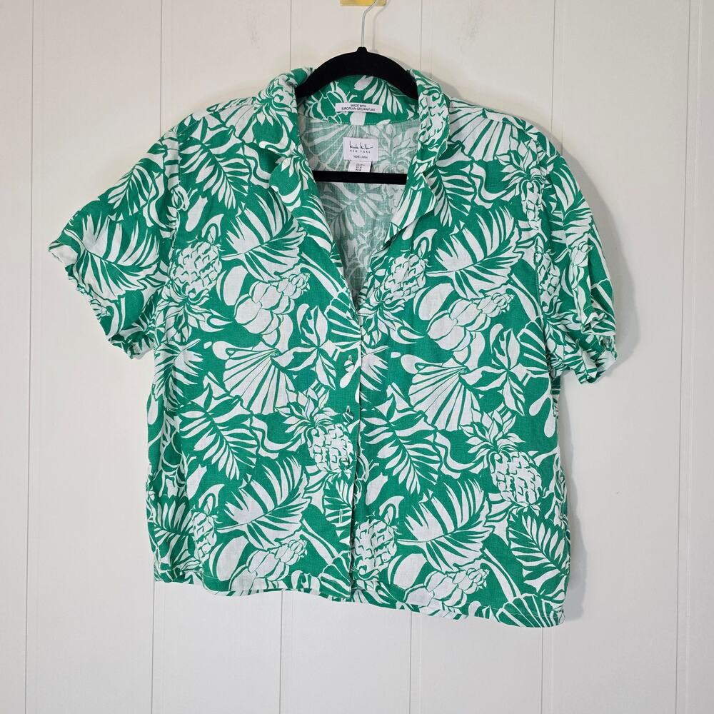 Nicole Miller Linen Top Tropical Print Boxy Cropped Button Down Green Size M